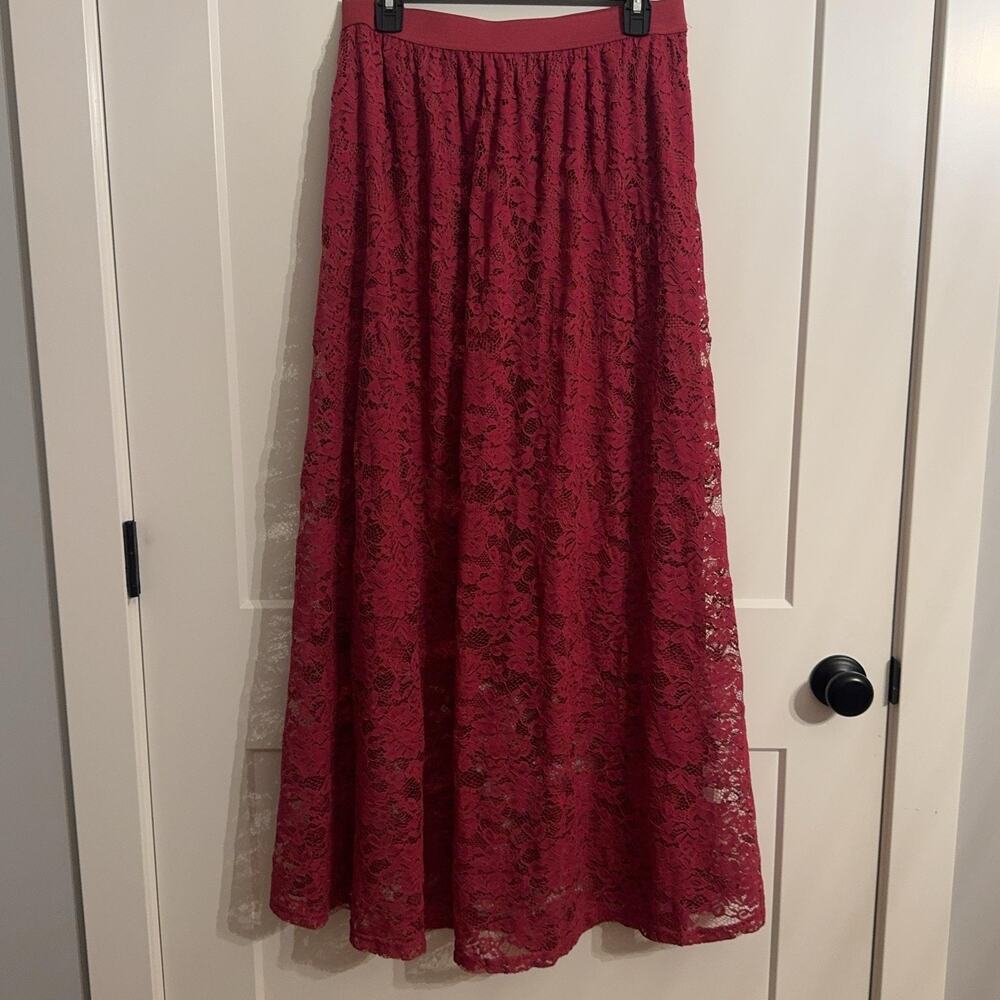 L'Affaire Skirt Sz XL Red Floral Lace Maxi Long Full Lined Elastic Waist Boho